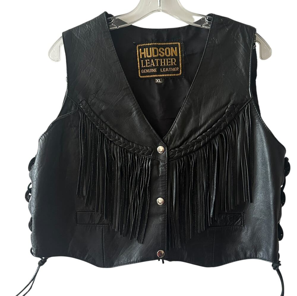 Hudson Genuine Leather Fringe Vest Womens XL Black Biker Moto Western Concho